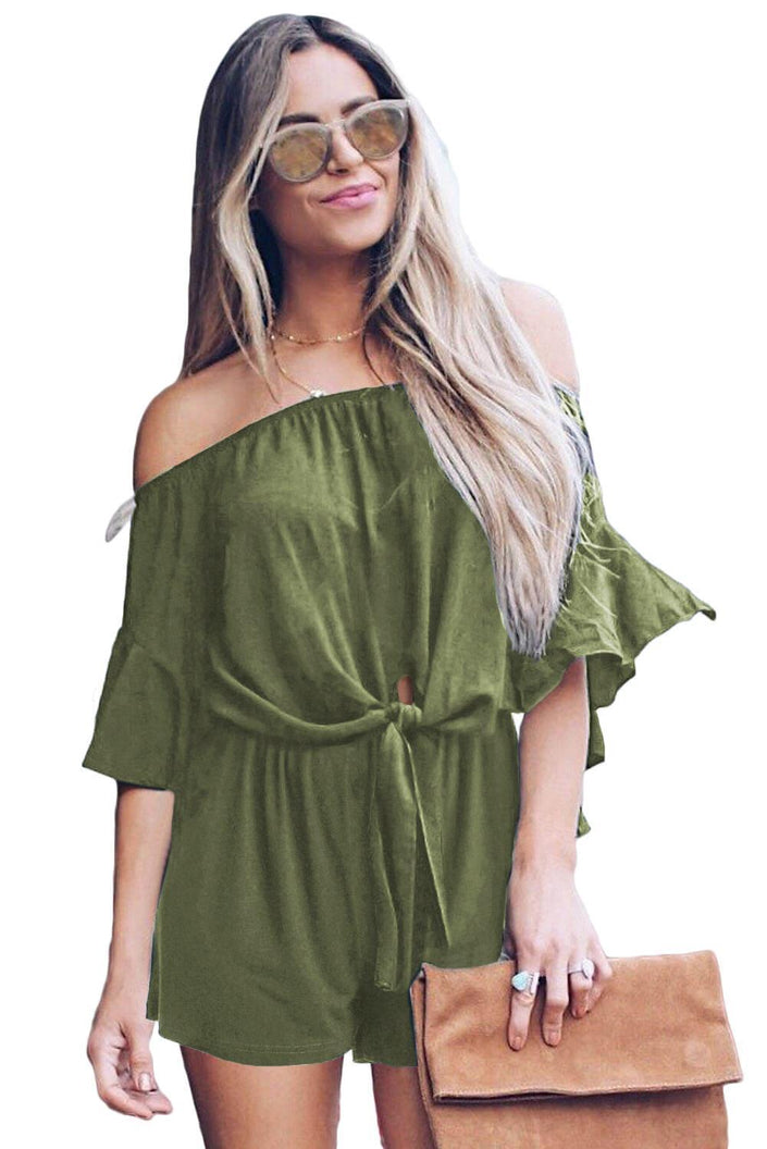 Casual Green Bell Sleeve Off Shoulder Front Tie Knot Romper - My Store