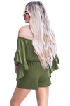 Casual Green Bell Sleeve Off Shoulder Front Tie Knot Romper - My Store