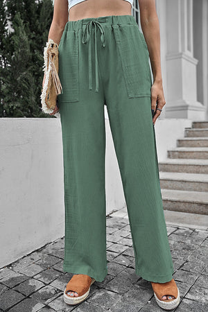 Green Crinkled Wide Leg Pants - My Store