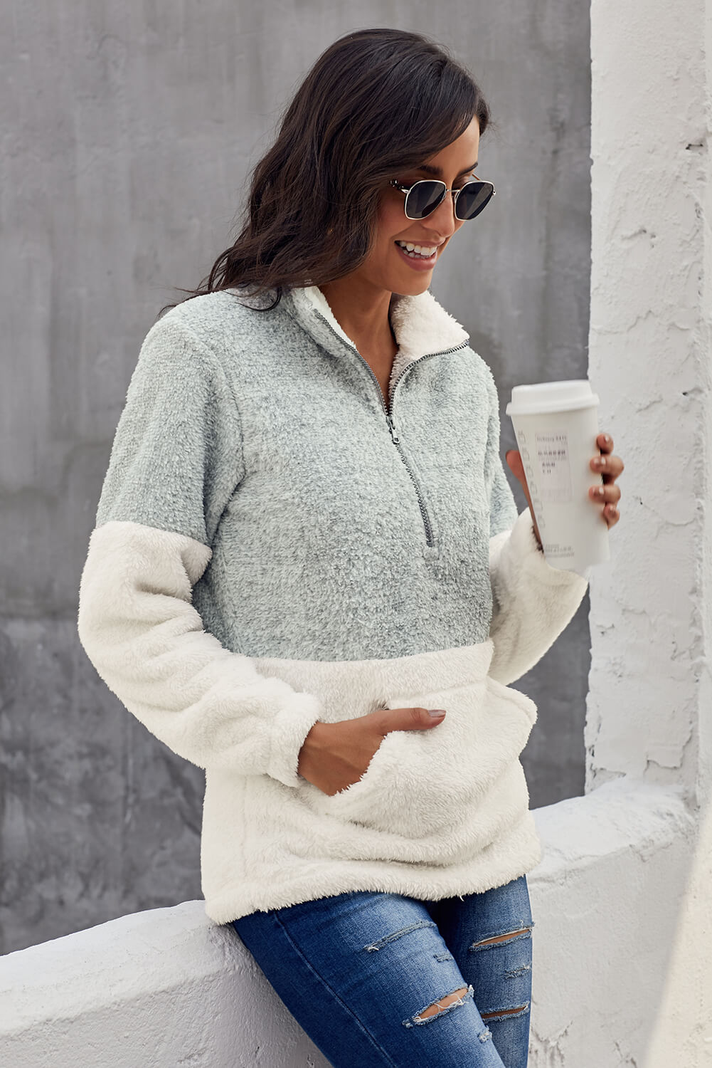 Grey White Zip Neck Oversize Fluffy Fleece Pullover - My Store