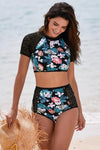 Lace Hollow Floral Print 2pcs High Waist Swimsuit - My Store