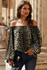 Leopard Print Long Sleeve Elastic Neck Off Shoulder Top - My Store