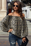 Leopard Print Long Sleeve Elastic Neck Off Shoulder Top - My Store