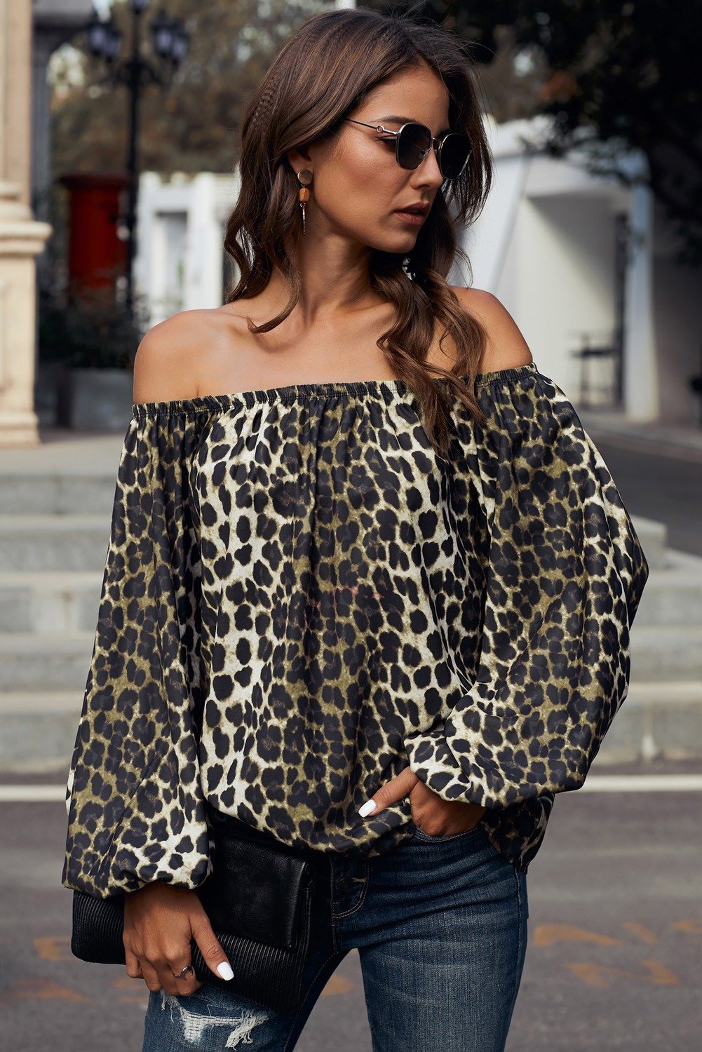 Leopard Print Long Sleeve Elastic Neck Off Shoulder Top - My Store