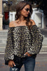 Leopard Print Long Sleeve Elastic Neck Off Shoulder Top - My Store