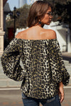 Leopard Print Long Sleeve Elastic Neck Off Shoulder Top - My Store