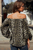 Leopard Print Long Sleeve Elastic Neck Off Shoulder Top - My Store