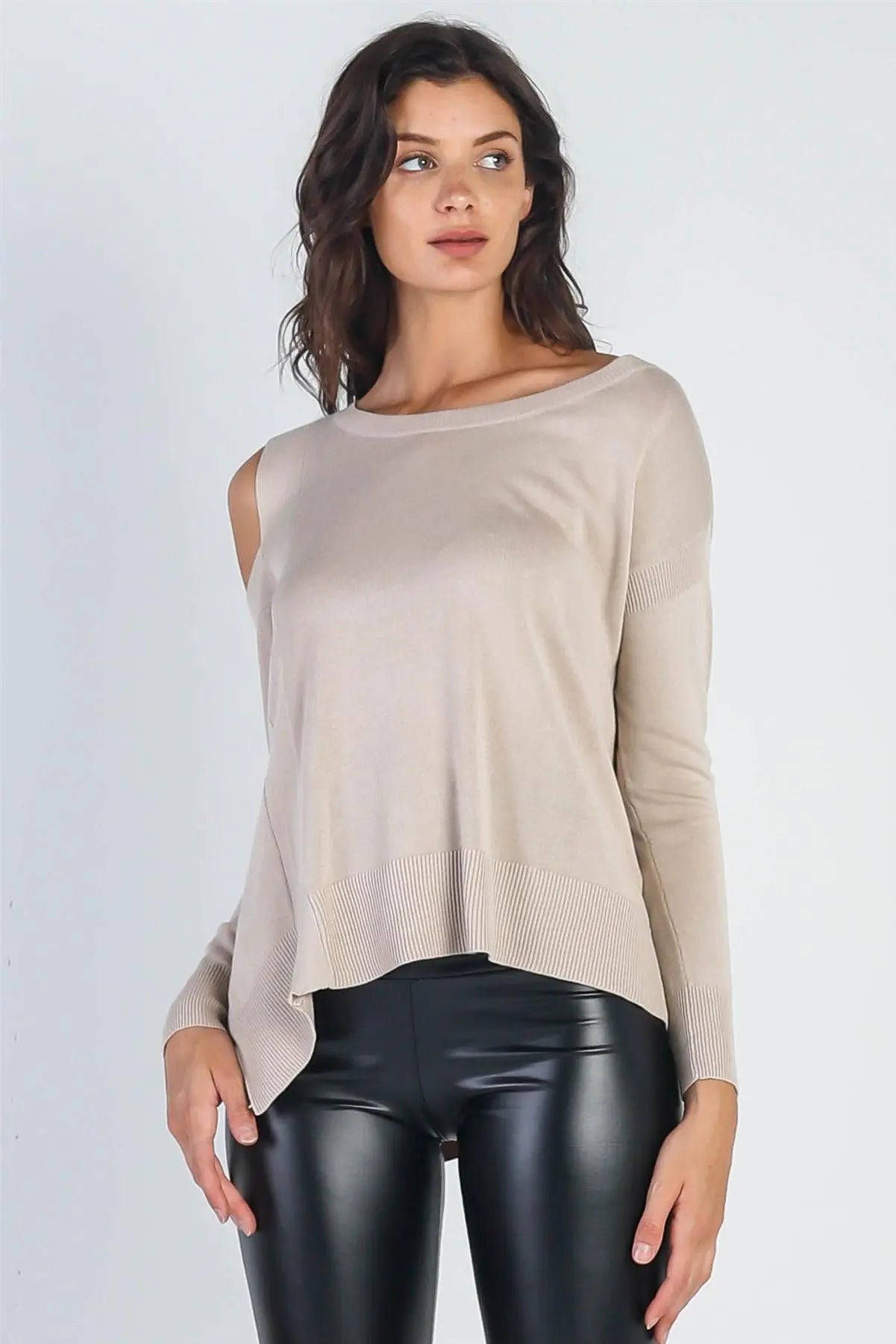 Basic Cold Shoulder Long Sleeve Soft Knit Top