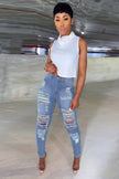 Light Blue Cut Out Distressed Ripped Pockets High Waisted Jeans - My Store