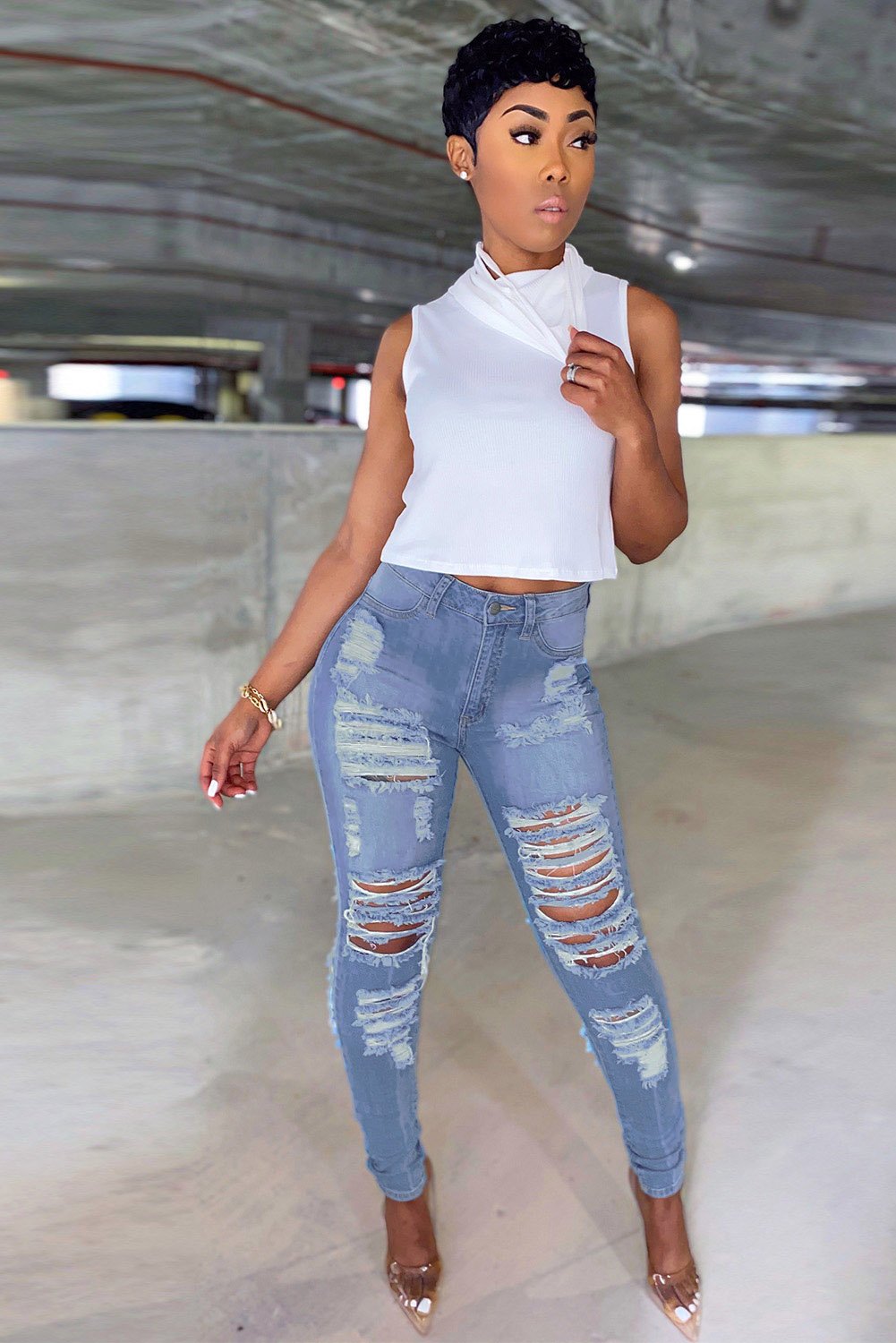 Light Blue Cut Out Distressed Ripped Pockets High Waisted Jeans - My Store