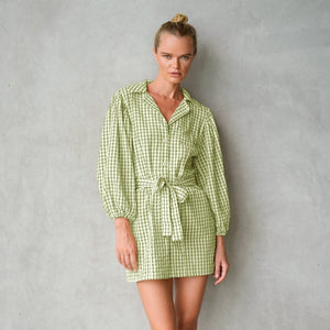 MEGHAN Mini Gingham Dress, in Olive Green - My Store