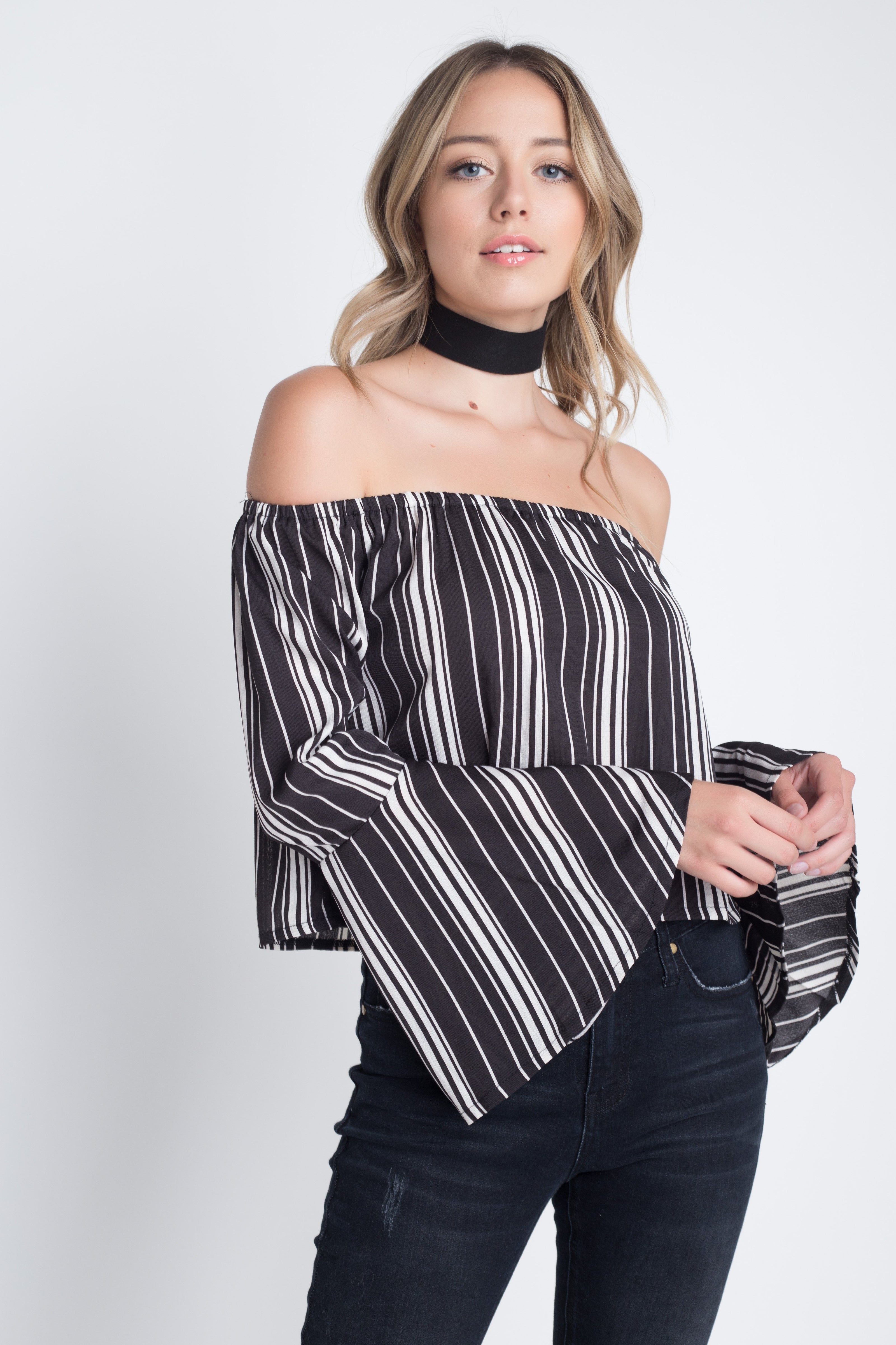 Women's Off Shoulder Casual Stripe Bell Sleeve Top - My Store