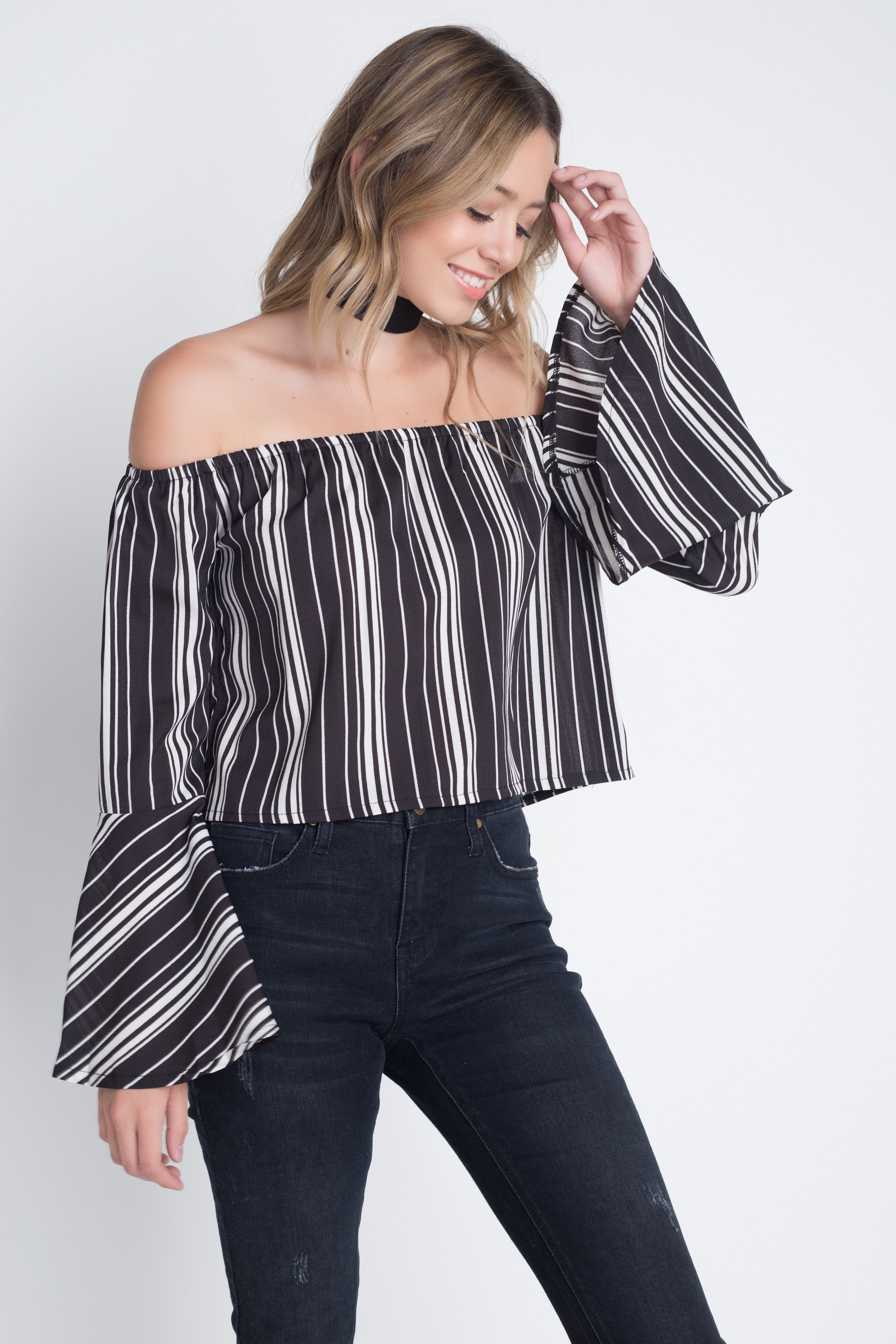 Women's Off Shoulder Casual Stripe Bell Sleeve Top - My Store