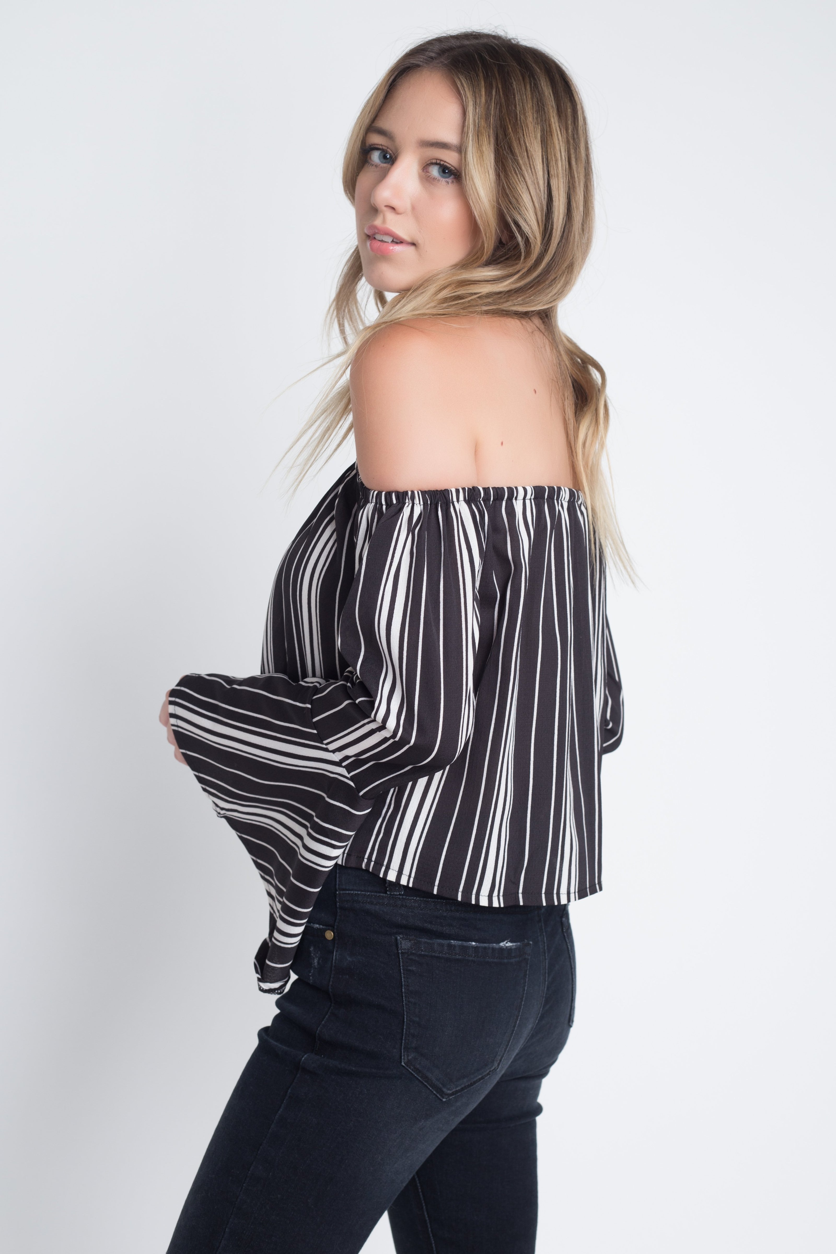 Women's Off Shoulder Casual Stripe Bell Sleeve Top - My Store