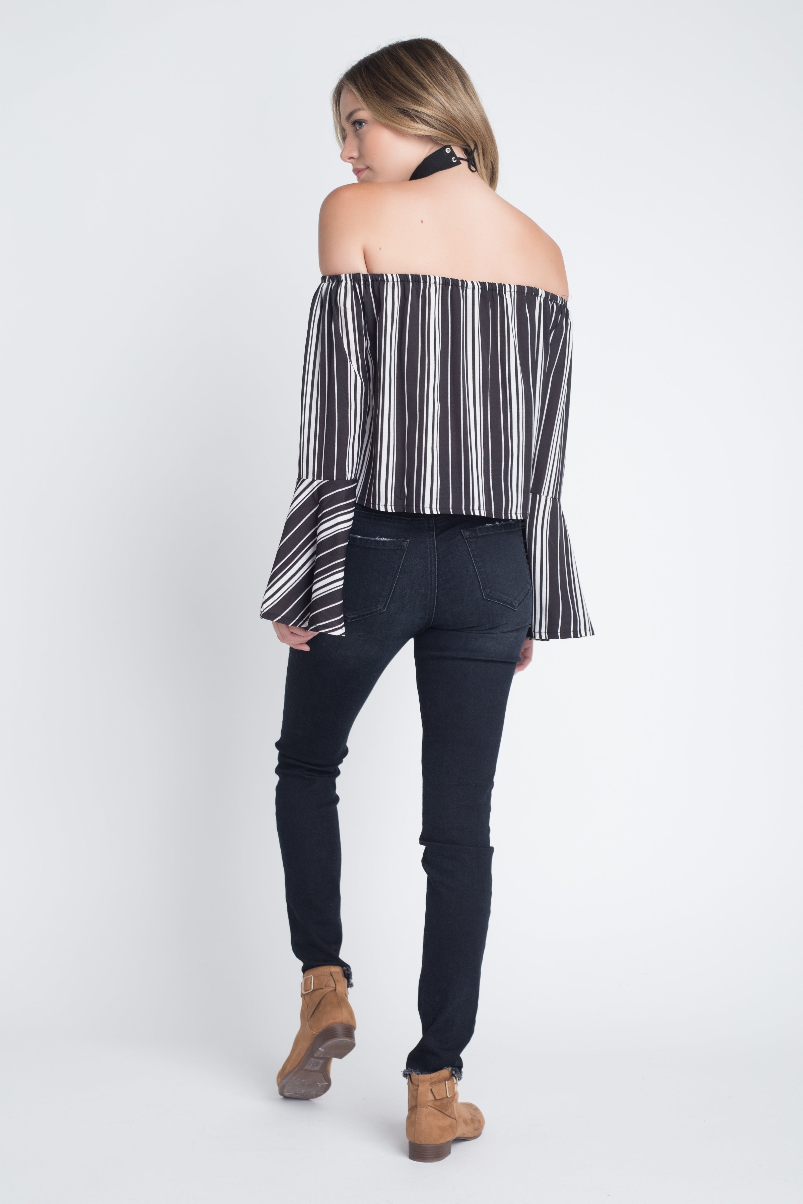 Women's Off Shoulder Casual Stripe Bell Sleeve Top - My Store