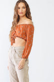 Floral Off-The-Shoulder Long Sleeve Ruched Crop Top - My Store