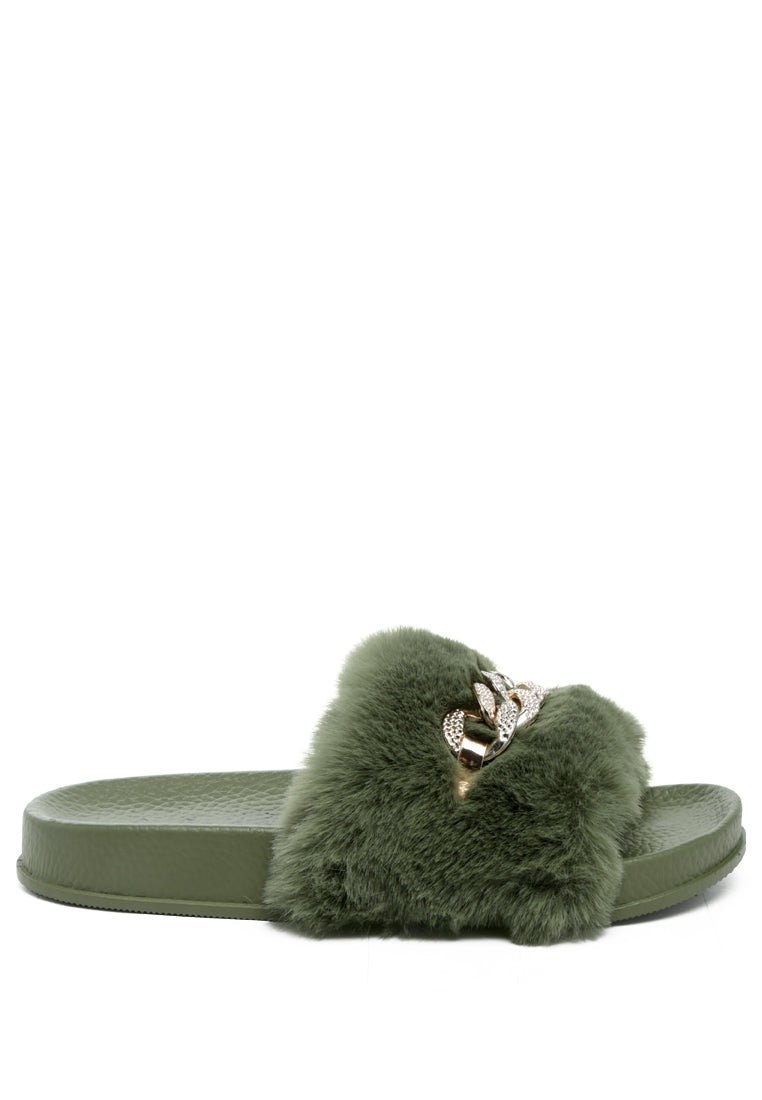 Chums Metal Chain Detail Fur Slides - My Store