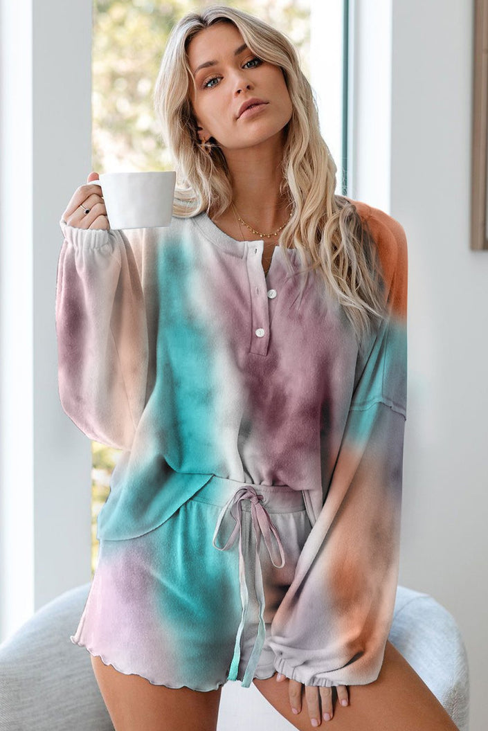 Multicolor Tie Dye Knit Long Sleeve Pajamas Set - My Store