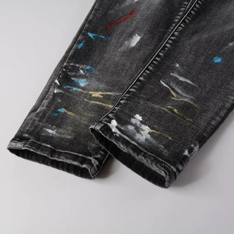 Men Speckle Ink Printed Vintage Pleated Ripped Jeans - My Store