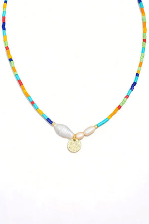 Colorful Bead Pearl Coin Charm Necklace - My Store