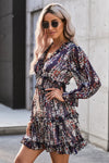 Navy Blue Ruffle Detailing Long Sleeve Open Back Floral Dress - My Store