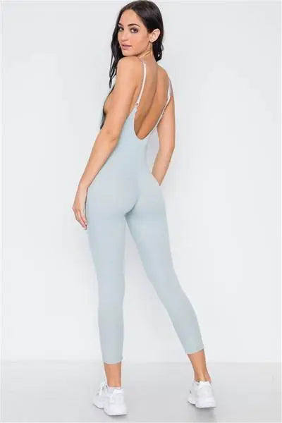 Dusty Blue Stretch-Knit Jumpsuit Featuring a Ruched V-neckline - My Store