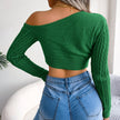 Mixed Knit One-Shoulder Cropped Sweater - My Store