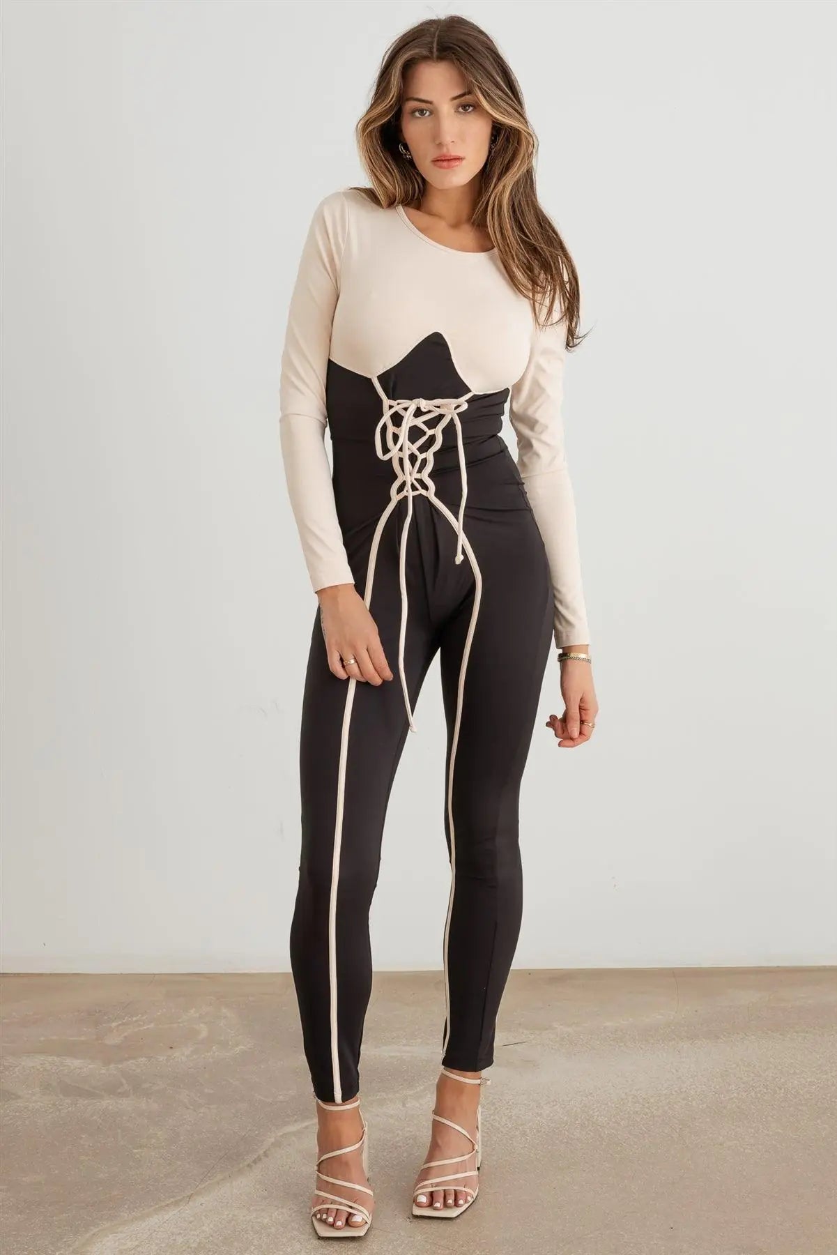 Contrast Stitch Lace-Up Long Sleeve Jumpsuit - My Store