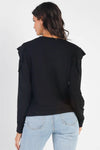 Black Round Neck Long Ruffle Sleeve Top - My Store