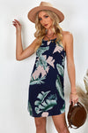 Palm Tree Leaf Print Navy Sleeveless Short Dress - My Store