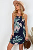 Palm Tree Leaf Print Navy Sleeveless Short Dress - My Store