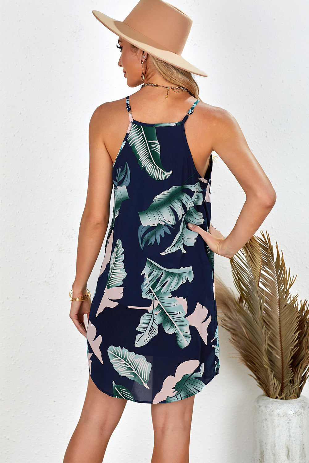 Palm Tree Leaf Print Navy Sleeveless Short Dress - My Store