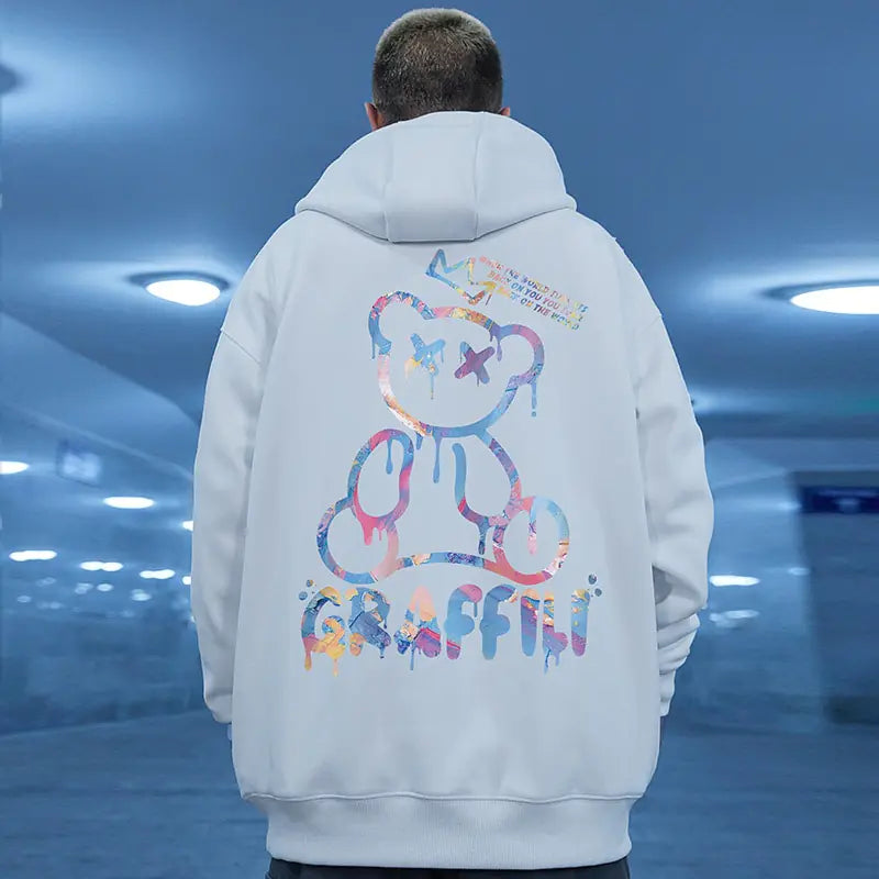 High Street Graffiti Bear Print Men's Fleece Hoodie - My Store