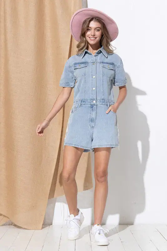 Washed Denim Overall Romper - My Store