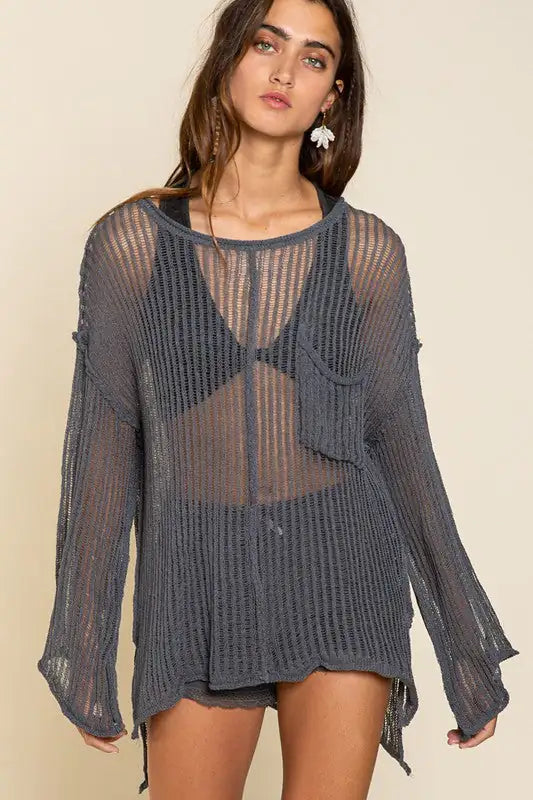 Loose Fit See-through Boat Neck Cover Up - My Store