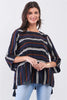 Blue Multicolor Striped Round Neck Button-Down Back Detail Self-Tie Tassel Tip Midi Sleeve Flounce Hem Top - My Store