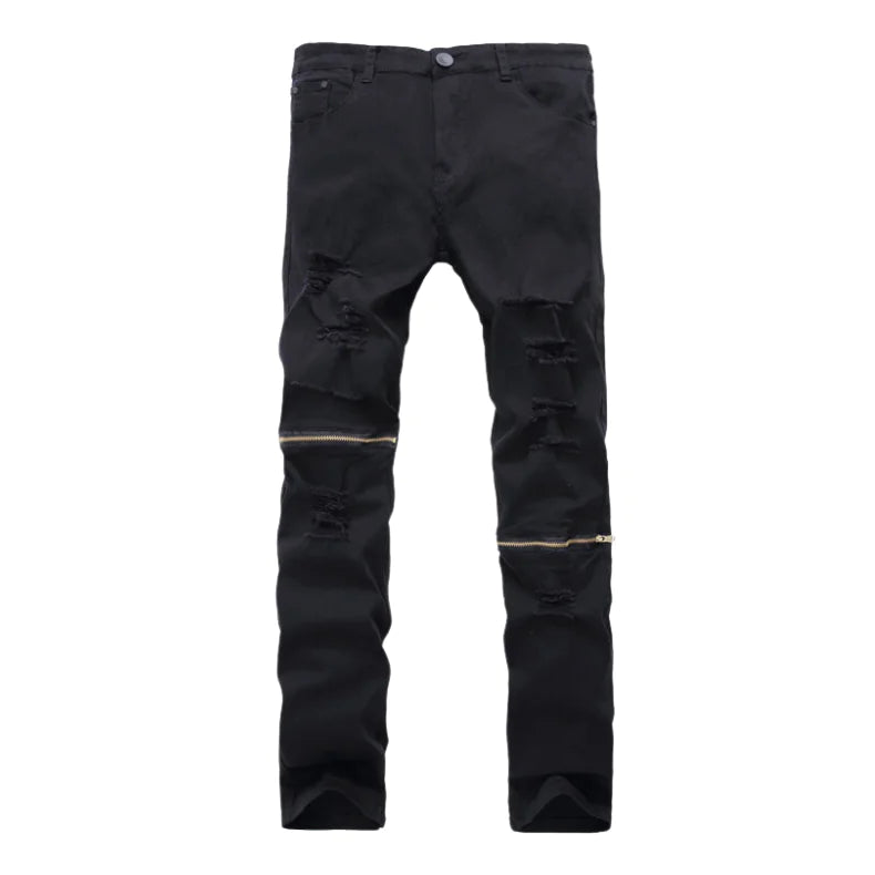 Zippered Holes Elastic Trend Denim Pants - My Store