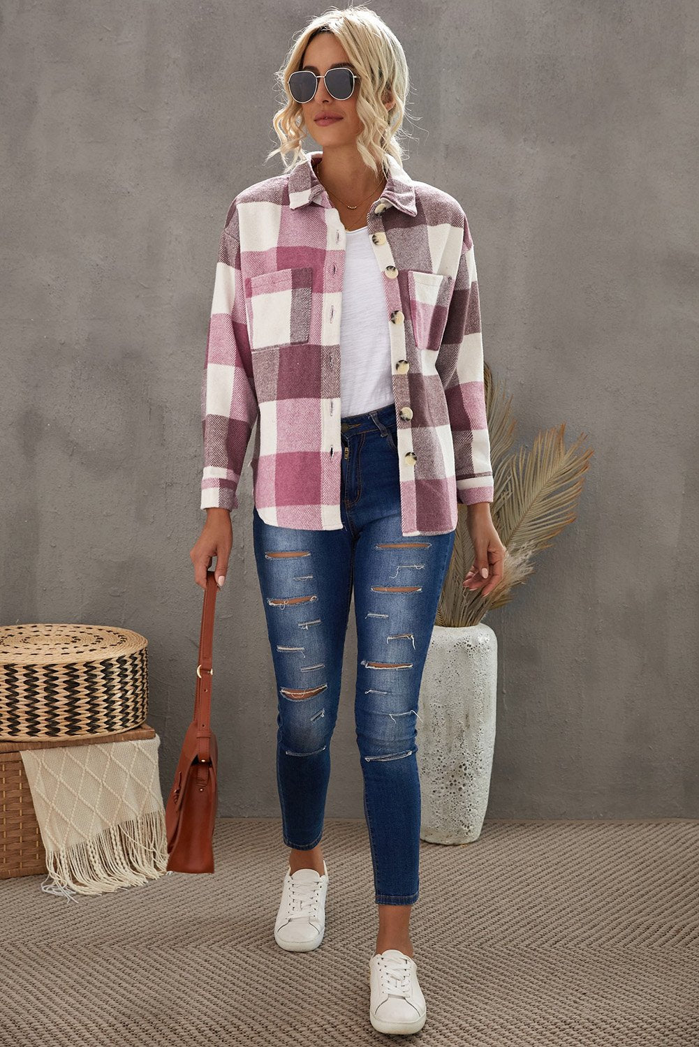 Red Plaid Color Block Buttoned Long Sleeve Shirt Jacket with Pocket - My Store