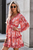 Red Ruffle Detailing Long Sleeve Open Back Floral Dress - My Store