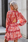 Red Ruffle Detailing Long Sleeve Open Back Floral Dress - My Store