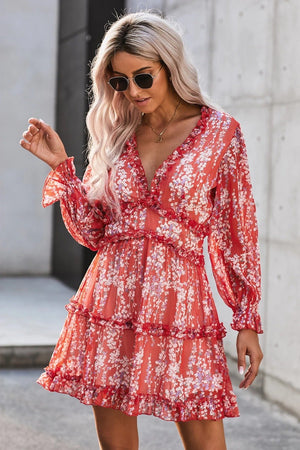 Red Ruffle Detailing Long Sleeve Open Back Floral Dress - My Store