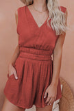 Red Smocked Pocketed Sleeveless V Neck Romper - My Store