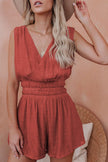 Red Smocked Pocketed Sleeveless V Neck Romper - My Store