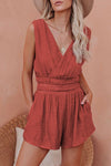 Red Smocked Pocketed Sleeveless V Neck Romper - My Store