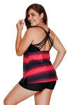 Red Black Color Block Criss-Cross Straps Plus Size Tankini Set - My Store