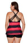 Red Black Color Block Criss-Cross Straps Plus Size Tankini Set - My Store