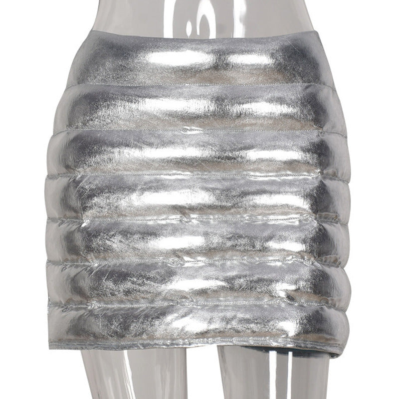 Silver Women's Puffer Skirt Metallic Shiny Solid Warm Quilted Mini - My Store