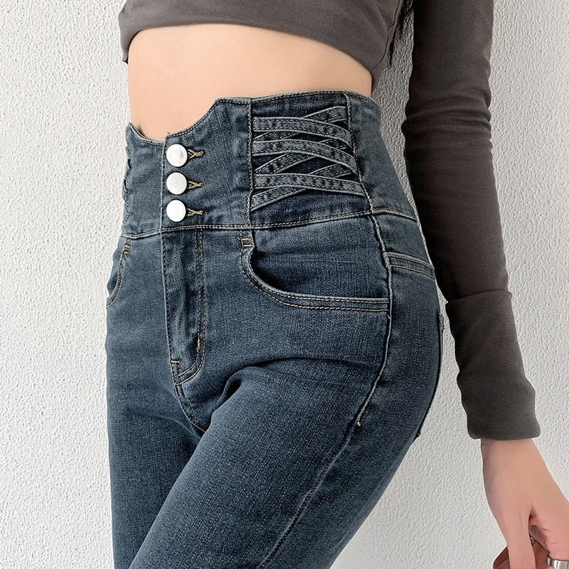 Skinny Pencil Jeans Four Buttons Vintage High Waist Women Slim Stretch - My Store