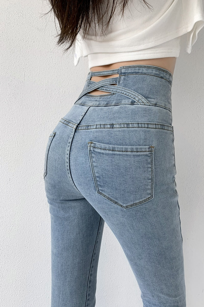 Skinny Pencil Jeans Four Buttons Vintage High Waist Women Slim Stretch - My Store