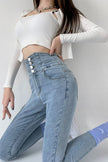 Skinny Pencil Jeans Four Buttons Vintage High Waist Women Slim Stretch - My Store